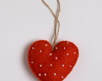 Handmade Wool Felt Heart Ornament, Red with White Beads Valentine's Day Love Engagement Decor Christmas Fun Gift Home Office Classroom