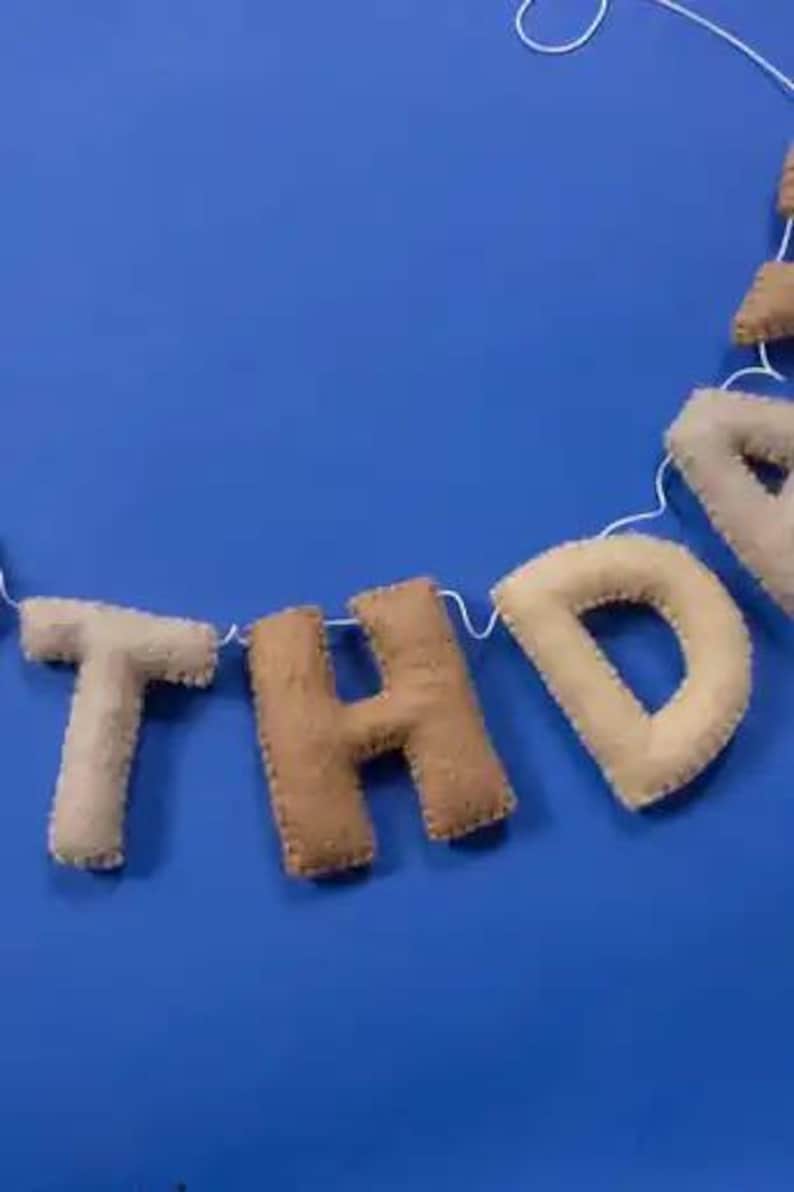 Handmade Felt Happy Birthday Banner Neutral Beige Natural Light Brown Tan Colors Garland Gift Party Office Classroom Home Decor Sign image 9