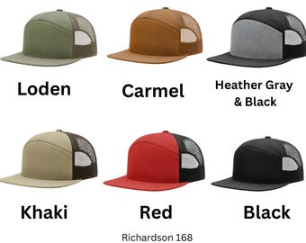 Puede incluir: Seis gorras de camionero de diferentes colores con una parte trasera de malla. Los colores son: Loden, Caramelo, Gris jaspeado y negro, Caqui, Rojo y Negro. El texto "Richardson 168" está en la parte inferior de la imagen.