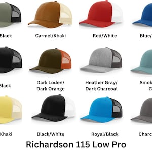 May include: Ten different color combinations of a low profile baseball cap with a mesh back. The cap is available in colors such as black, red, blue, gray, yellow, and green. The text "Richardson 115 Low Pro" is printed below the caps.