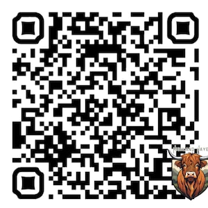 Puede incluir: Un código QR en blanco y negro con un logotipo de Highland Hayes en la esquina inferior derecha. El logotipo presenta una cabeza de vaca Highland marrón con cuernos largos y un diseño de escudo.