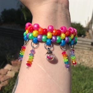 Rainbow Pearlescent Flower Kandi Cuff, Pony Bead Bracelet, Rave Bracelet, Queer Bracelet, LGBTQ Bracelet, Flower Bracelet, Stim Bracelet