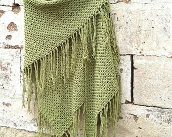 Handmade Green Crochet Shawl: Boho Knit Triangle Scarf