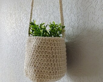 Crochet Hanging Basket: Ecru Cotton Storage, Nursery Decor