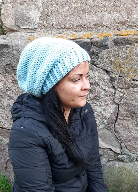 Crochet Icy Blue Slouchy Beanie Hat Hand Crocheted Slouchy Hat Winter Hat Chunky Beanie, Light  main image 4