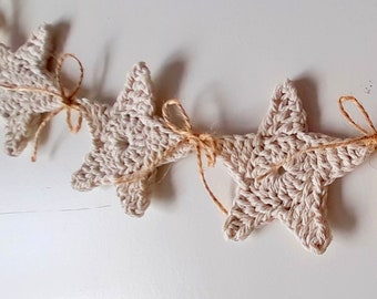 Eco Crochet 17 star garland Rustic decor Christmas 5 pointed star garland Wall hanging Crochet bunting Farmhouse decor Crochet wall decor