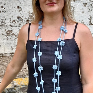 Crochet Flower Necklace: Blue Boho Jewelry Scarf