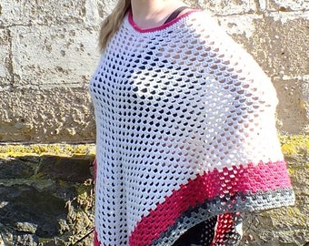 Crochet Poncho: White Boho Festival Wrap with Red & Gray Edging