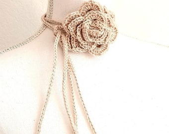 Handmade Crochet Rose Choker: Beige Cotton Knit Flower Necklace