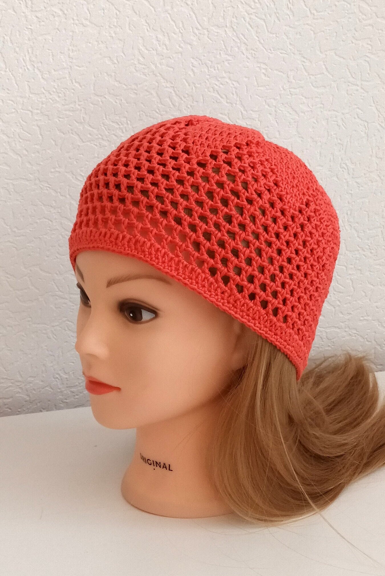 Hand Knit 100% Cotton Crochet Beret Hat - Bohemian Style Summer Beanie Unisex Handmade Recycled Cotton Crochet Beret - Summer Boho Skull  main image 2