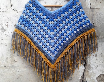 Crochet poncho boho poncho blue women poncho with fringe bohemian coat warm crocheted gift boho style sweater gift for women crochet sweater