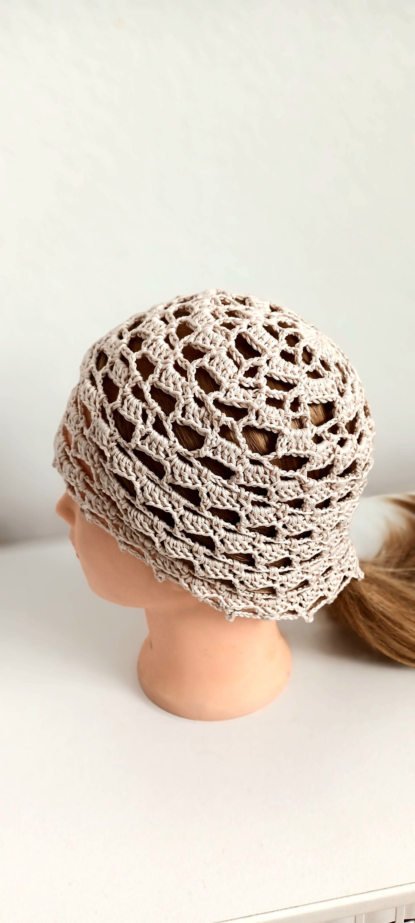 Crochet Summer Hat: Beige Cotton Boho Tams Beret - Etsy display picture 1