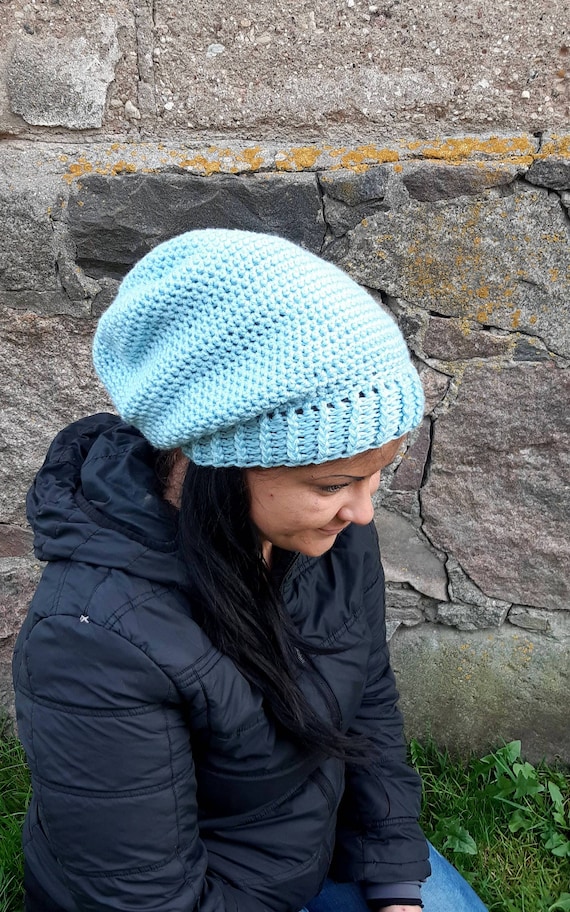 Blue Crochet Slouchy Beanie: Knit Winter Hat - Etsy display picture 2