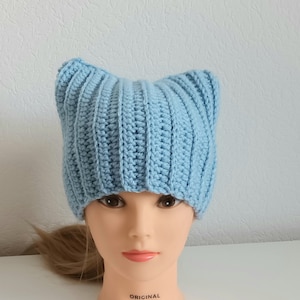 Handmade Crochet Cat Ear Beanie: Light Blue Wool Hat