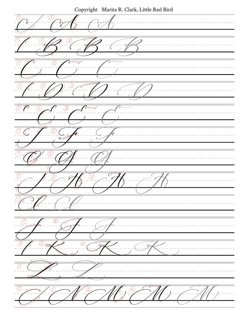 May include: A cursive handwriting practice worksheet with the letters A through M written in cursive. The letters are written in rows with three examples of each letter.