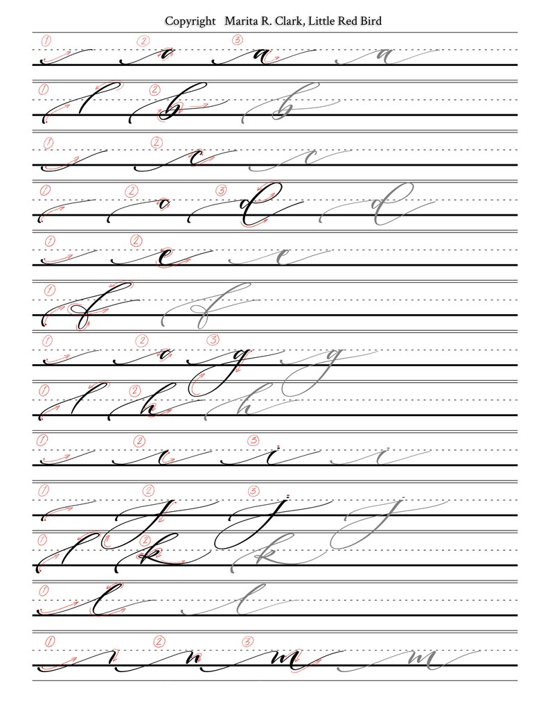 May include: A handwriting practice worksheet with the alphabet written in cursive. The letters are numbered 1, 2, and 3 to show the order of strokes. The text "Copyright Marita R. Clark, Little Red Bird" is at the top of the page.