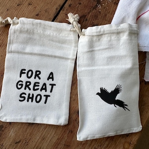 Shot glass etched with pheasant in gift bag printed &#39;For a Great Shot&#39; game bird present for gamekeepers, hunters wildfowlers and shooters