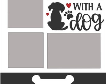 May include: A white frame with four squares, each with a gray background. The top right square has a black silhouette of a dog sitting with a red paw print and two red hearts. The text "LIFE IS BETTER WITH A DOG" is in black lettering. The bottom of the frame has a white bone on a black background.