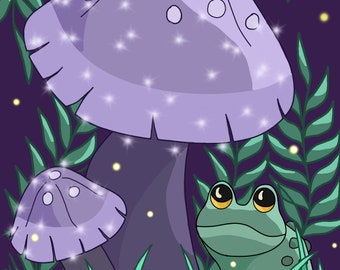 Frog and Mushroom Art Print, Whimsical Illustration (5x7)