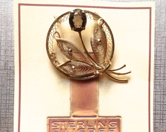 Smoky Topaz quartz filigree styled flower brooch