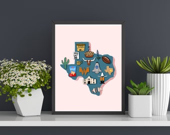 Texas Pride Print, Wall Art, Home Decor, 8x10, 5x7, Art Prints, Texas Map Art, Texas Illustration, Handmade, State Poster, Housewarming Gift