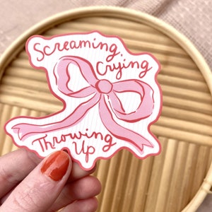 Screaming, Crying, Throwing Up Bow Sticker, Water Bottle Sticker, Laptop Sticker, Matte, Waterproof, Gift, Funny, Coquette, Girly, Ribbon Pink Bow on White