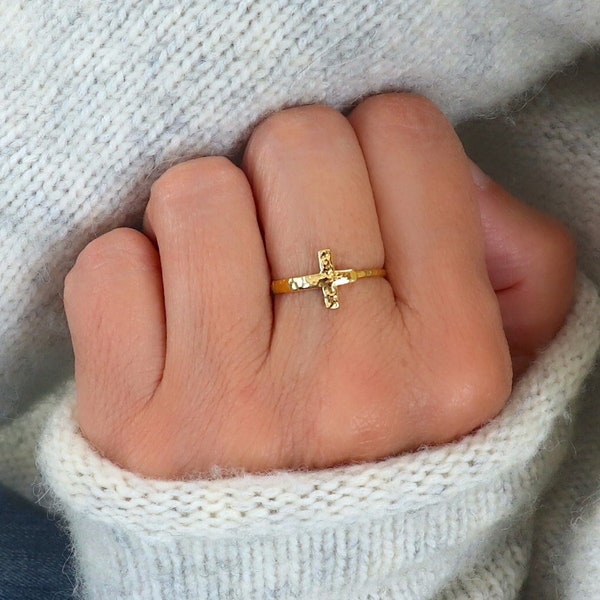 Gouden roestvrijstalen ring met kruispatroon, fijn verstelbare ring voor dames, cadeau-ideeën