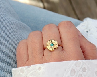 Petite bague fleur acier inoxydable doré et pierre turquoise,bague femme minimaliste,cadeaux pour elle