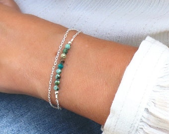 Bracelet pierres turquoises africaines sur chaine argent massif,bracelet femme chaine double style minimaliste,cadeaux femme