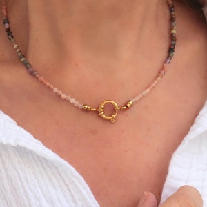 Round pearl necklace in sun stone and stainless steel, bohemian style choker necklace for women, gifts for her