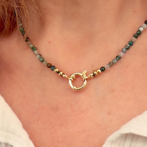 Indian agate natural stone necklace, stainless steel women's necklace with buoy clasp, gifts for her