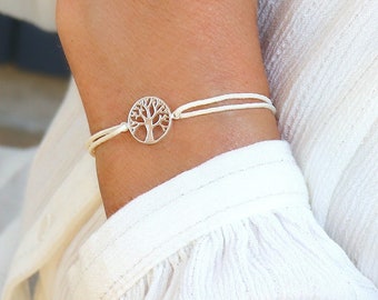 Solid silver tree of life cord bracelet,women's bracelet cord color to choose from,minimalist style,women's gifts