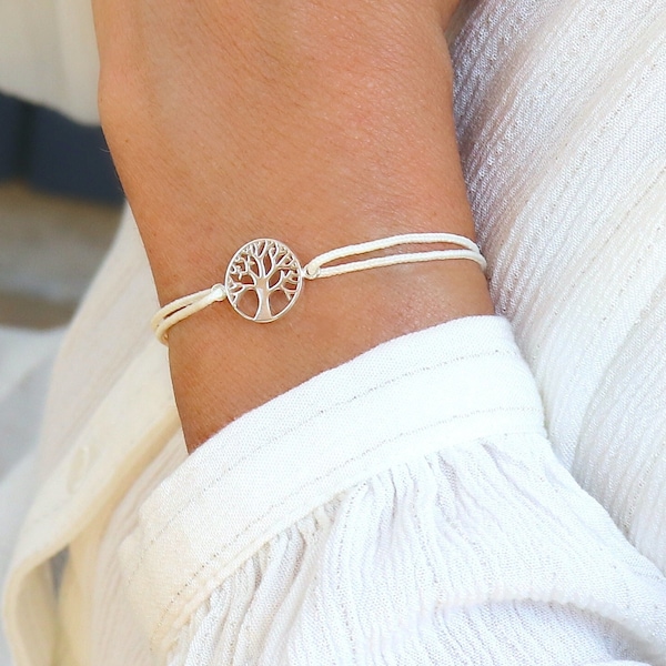 Solid silver tree of life cord bracelet,women's bracelet cord color to choose from,minimalist style,women's gifts