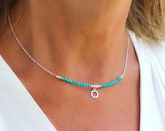 Collier pierre turquoise naturelle et pendentif soleil,collier chaine en argent massif pour femme style bohème