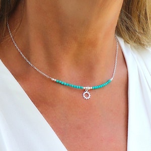 Natural turquoise stone necklace and sun pendant, solid silver chain necklace for women boho style