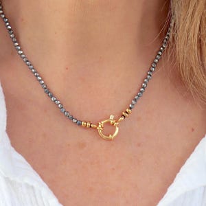 Terahertz stone necklace for women, pearl and steel necklace for her, gift for women with buoy clasp