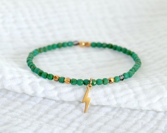 Bracelet pendentif éclair acier doré et perles vertes picasso,bracelet élastique femme perles cristal de bohême,bracelet boho