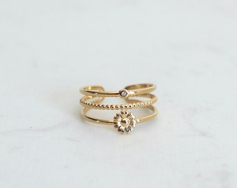 Adjustable stainless steel ring, golden women's flower and zircon ring, women's gifts, daisy ring