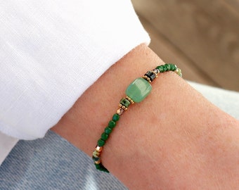 Bracelet pierre aventurine perles vertes et dorées,bracelet femme élastique,cadeaux pour elle