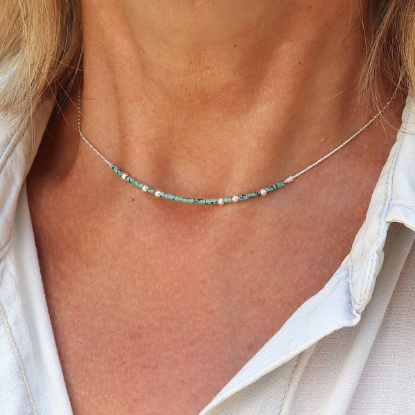 Fine solid silver chain choker necklace and marbled turquoise Miyuki beads, minimalist style women's necklace