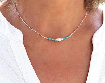 Necklace round turquoise stones and freshwater pearl, choker silver chain, women's neck