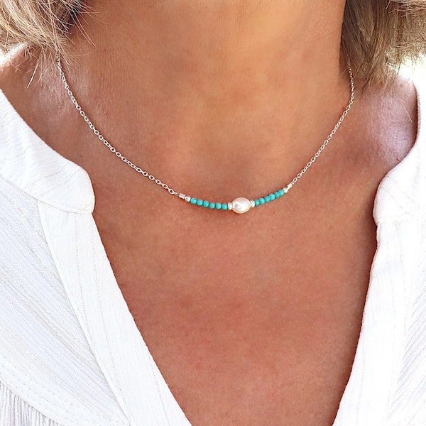 Collier pierres turquoise rondes et perle d'eau douce,choker chaine argent,ras de cou femme