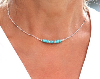 Natural turquoise stone necklace on solid silver chain, women's choker, silver neck