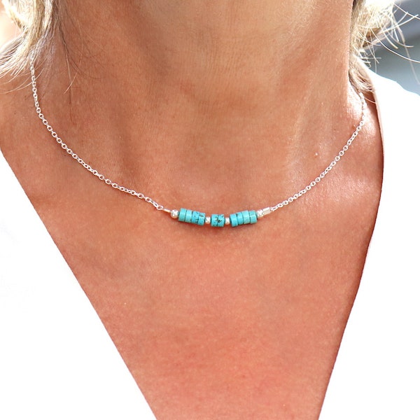 Collier pierres turquoise naturelle sur chaine en argent massif,choker femme,ras de cou argent