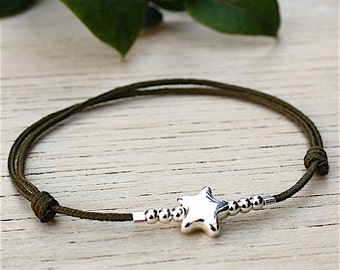 bracelet cord silver 925 star and pearls