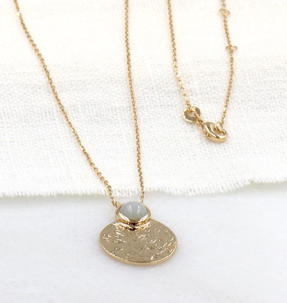 necklace hammered medal plated gold moonstone woman