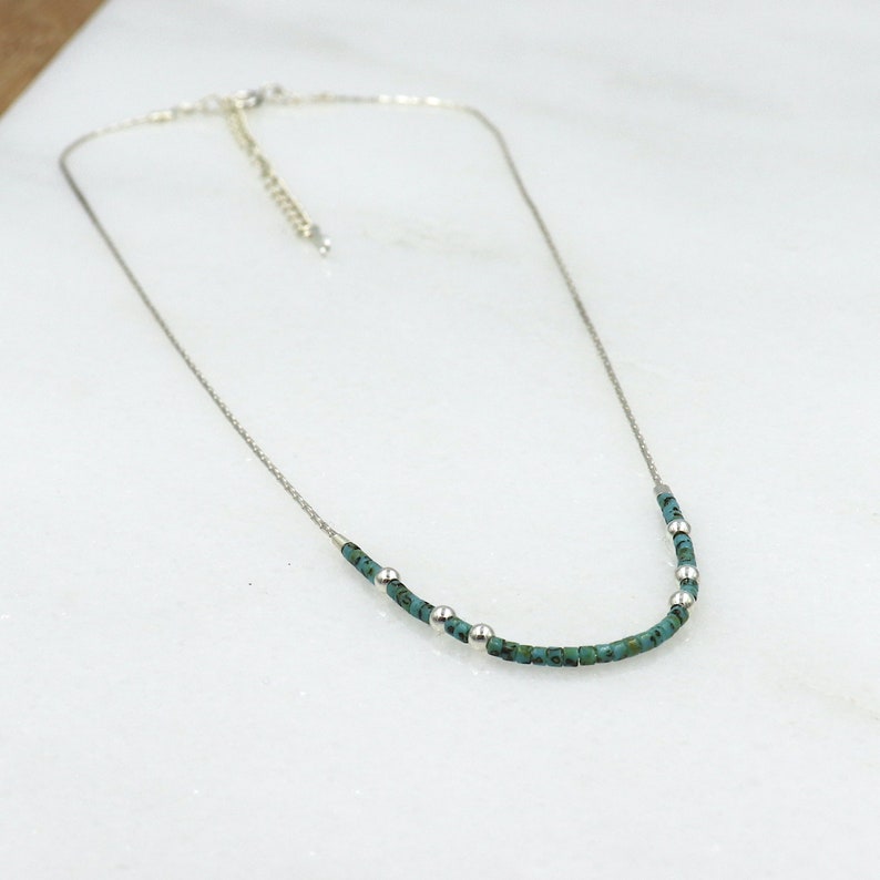 Fine solid silver chain choker necklace and marbled turquoise Miyuki beads, minimalist style women's necklace image 3