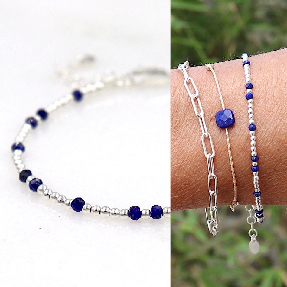 925 Silver Beaded Bracelet and Lapis Lazuli Women Faceted