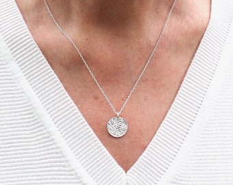 hammered medal necklace on solid silver chain for women