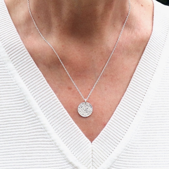 hammered medal necklace on solid silver chain for women